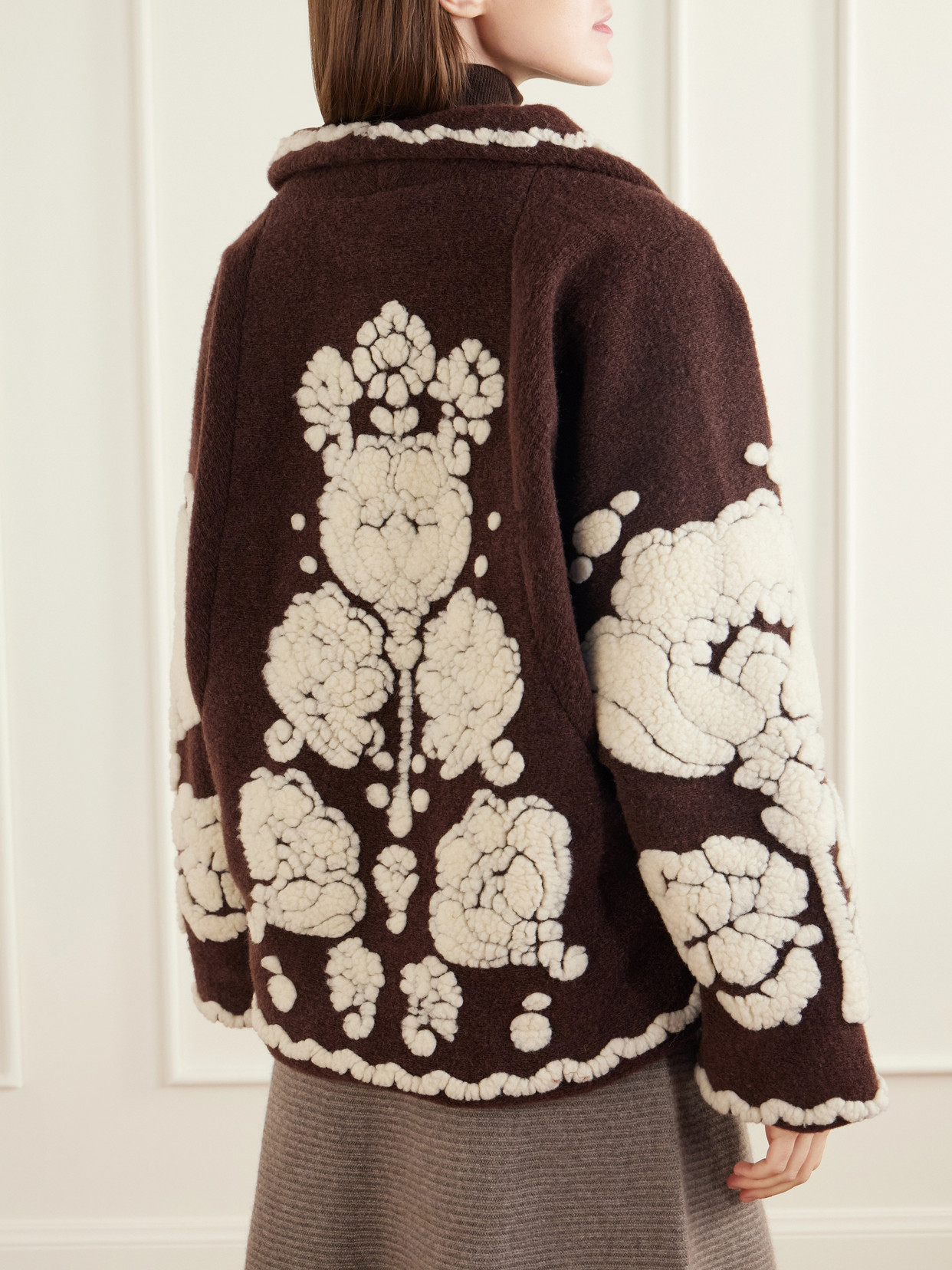 Double-Breasted Floral-Appliquéd Brushed Fleece Jacket