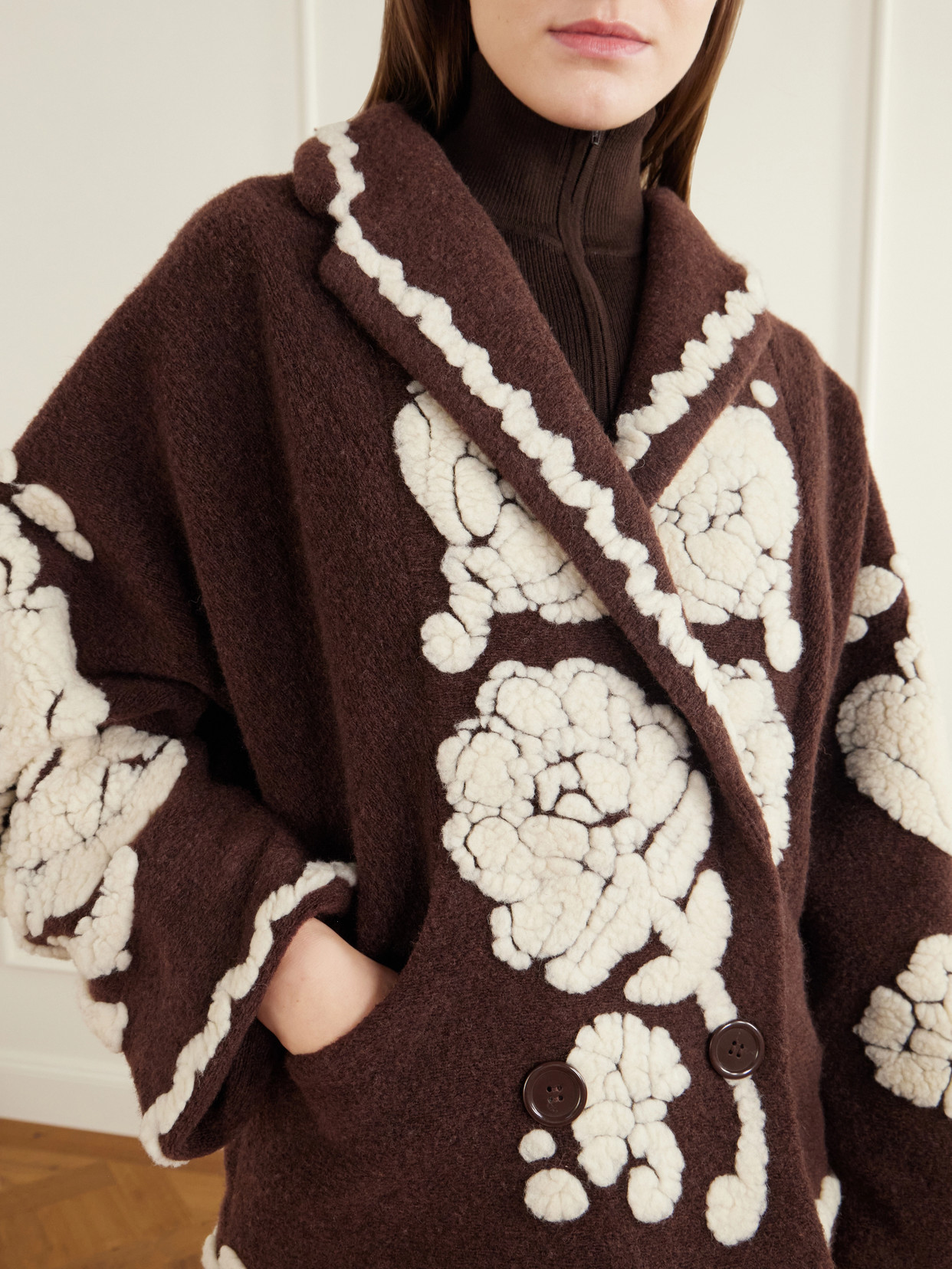 Double-Breasted Floral-Appliquéd Brushed Fleece Jacket