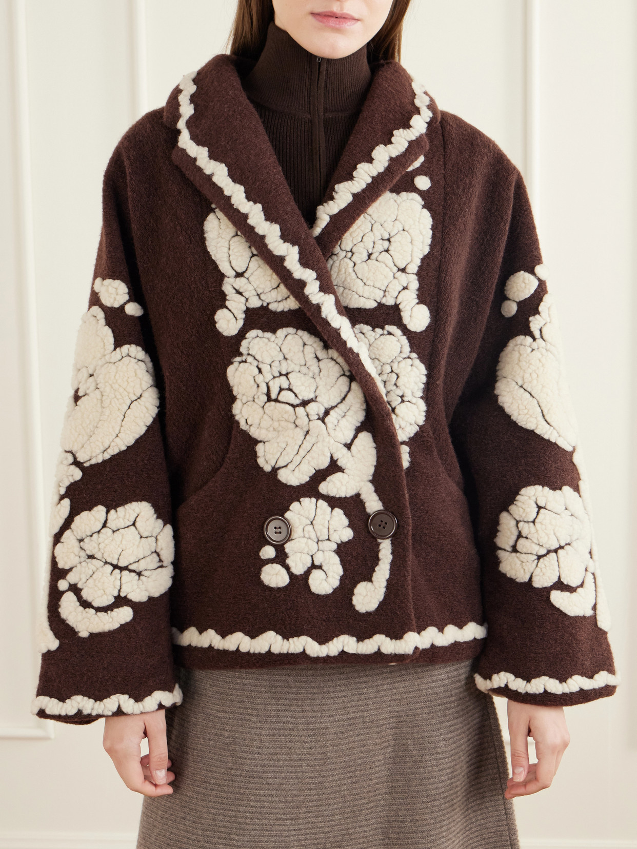 Double-Breasted Floral-Appliquéd Brushed Fleece Jacket