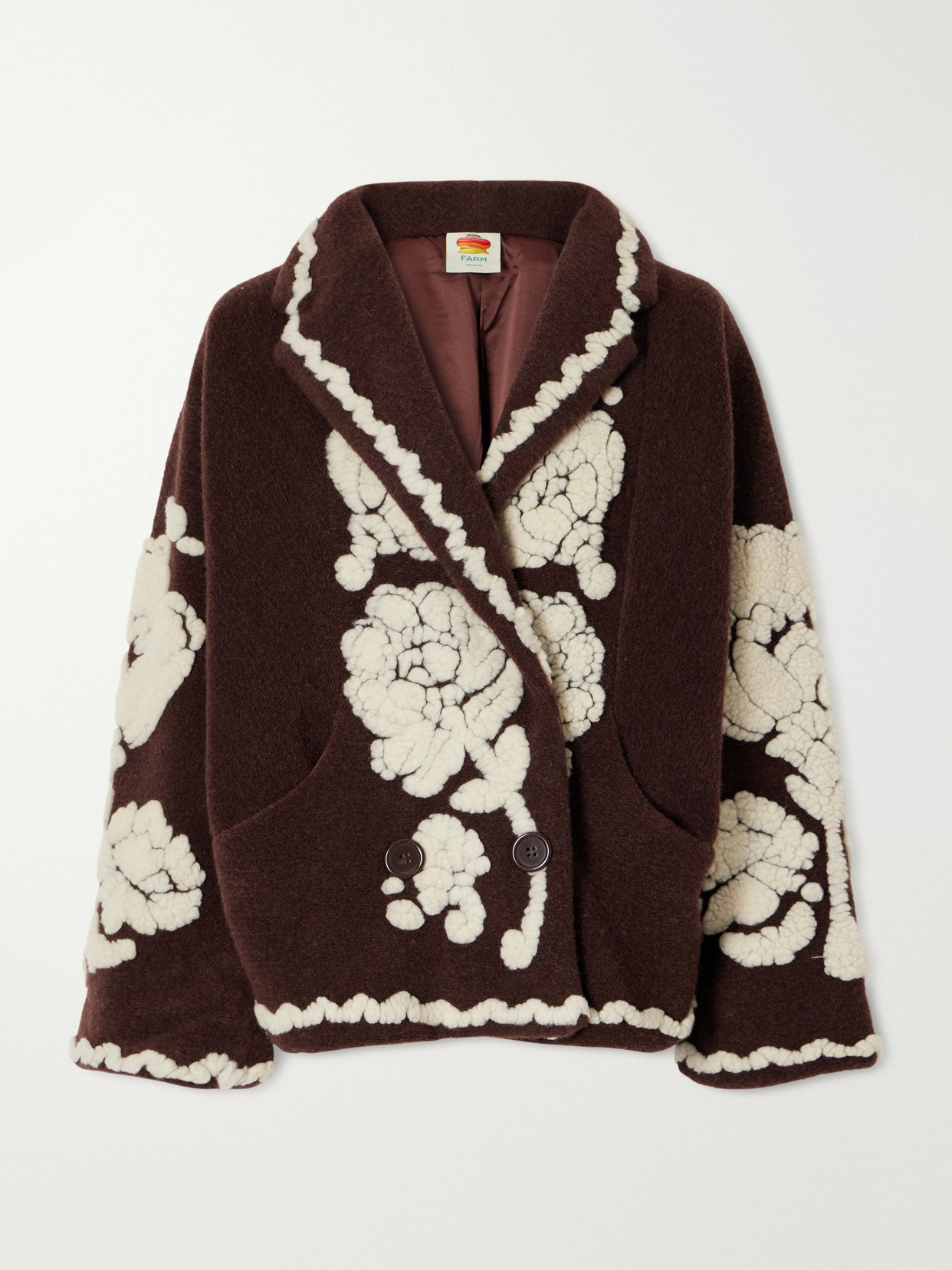 Double-Breasted Floral-Appliquéd Brushed Fleece Jacket