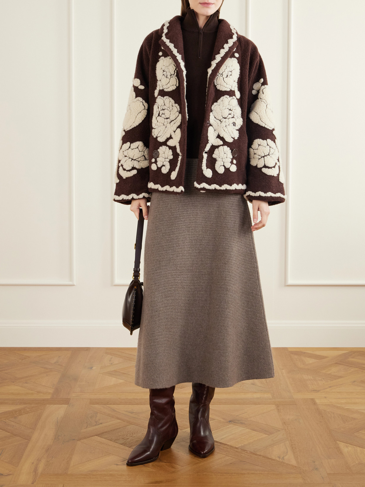 Double-Breasted Floral-Appliquéd Brushed Fleece Jacket