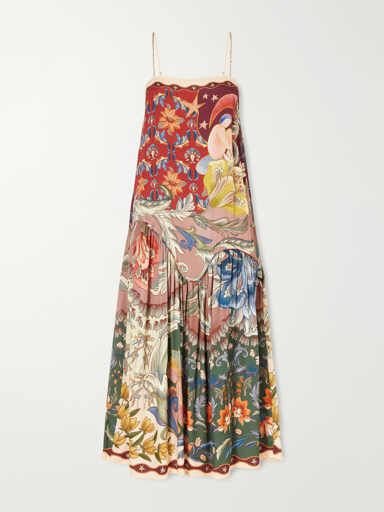 Farm Rio Lunar Boho Bead-embellished Gathered Printed Satin Midi Dress In Multi
