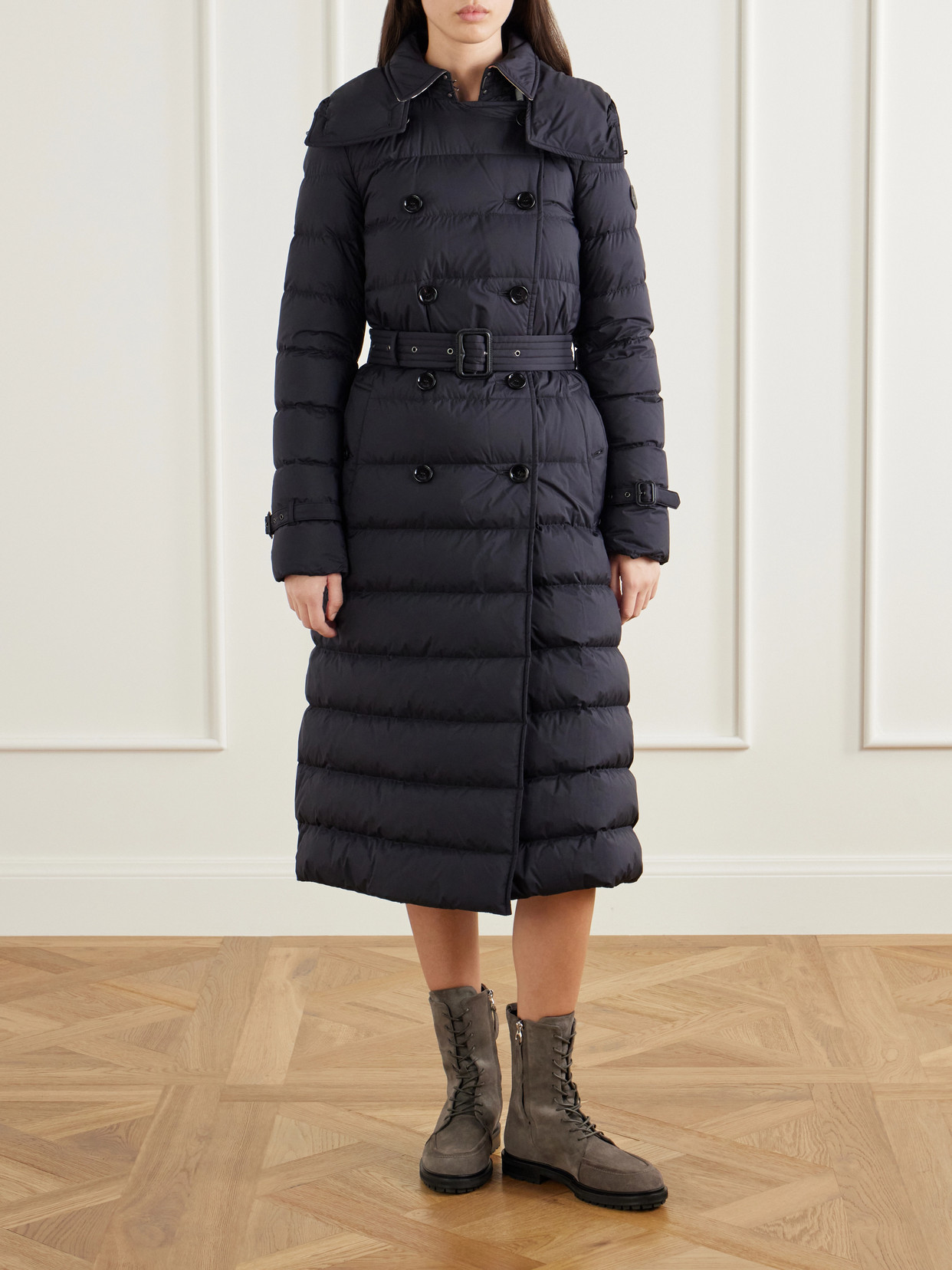 Belted Double-Breasted Quilted Padded Coat