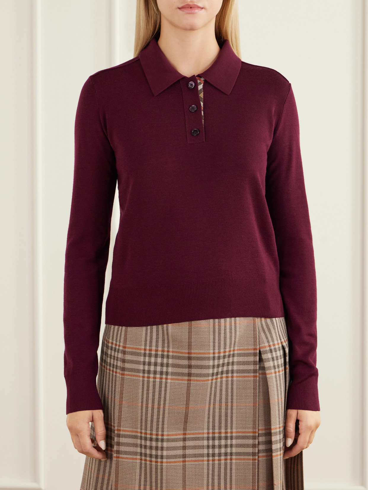Mandy Ribbed-Detail Wool Polo Sweater