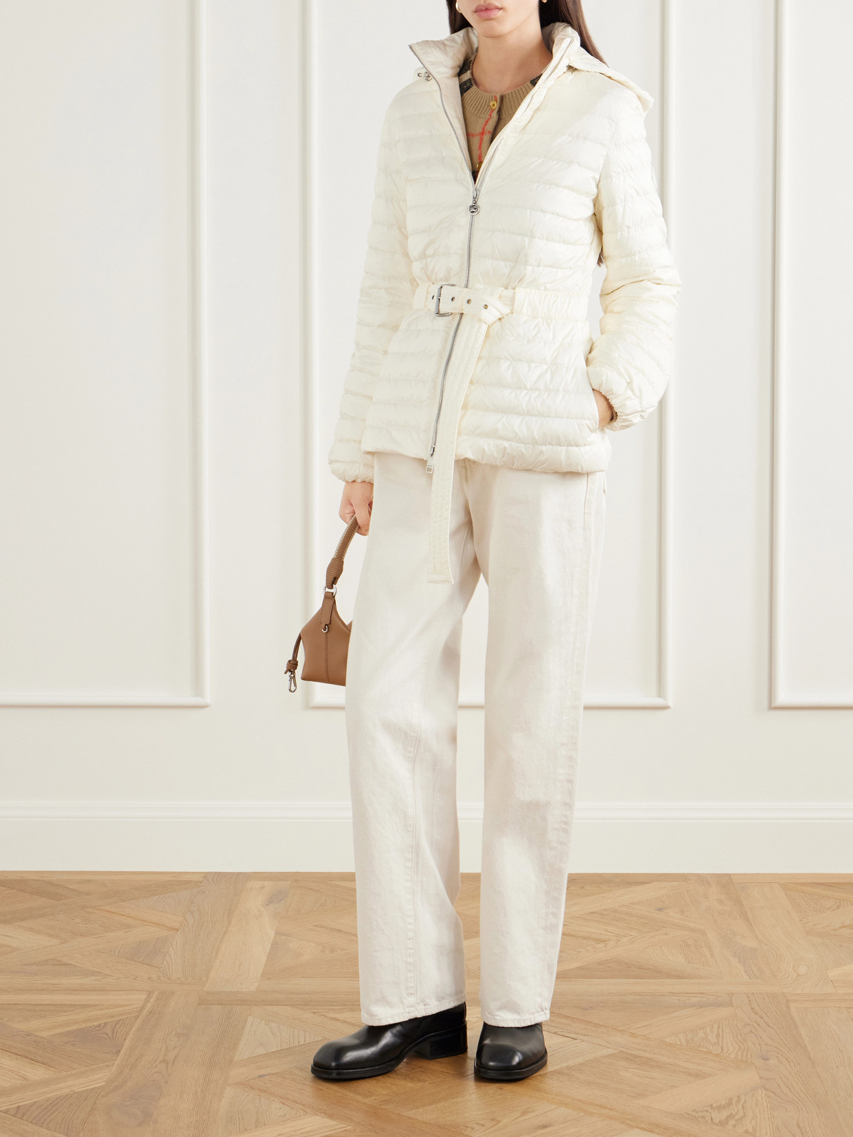 Belted Quilted Padded Shell Hooded Jacket