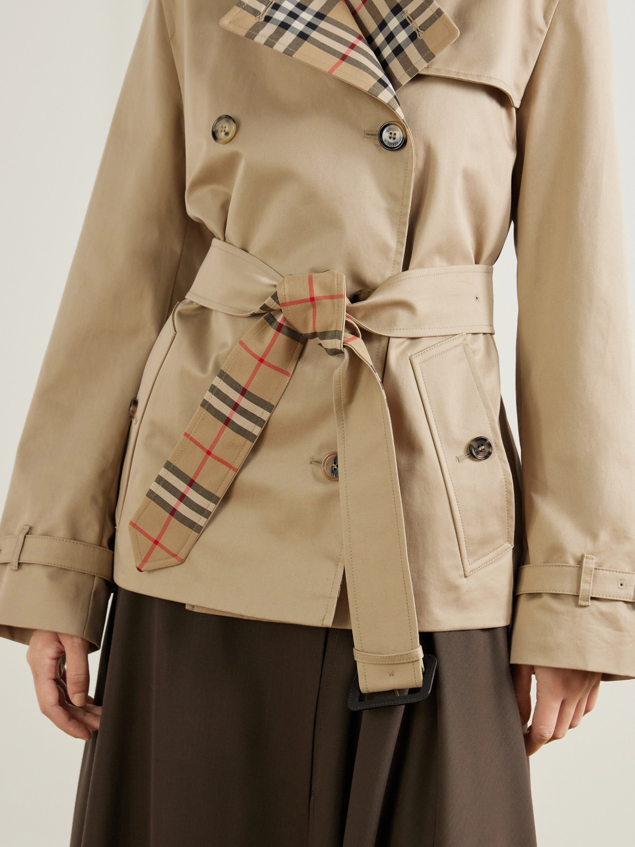 Double-Breasted Belted Checked Cotton-Gabardine Trench Coat