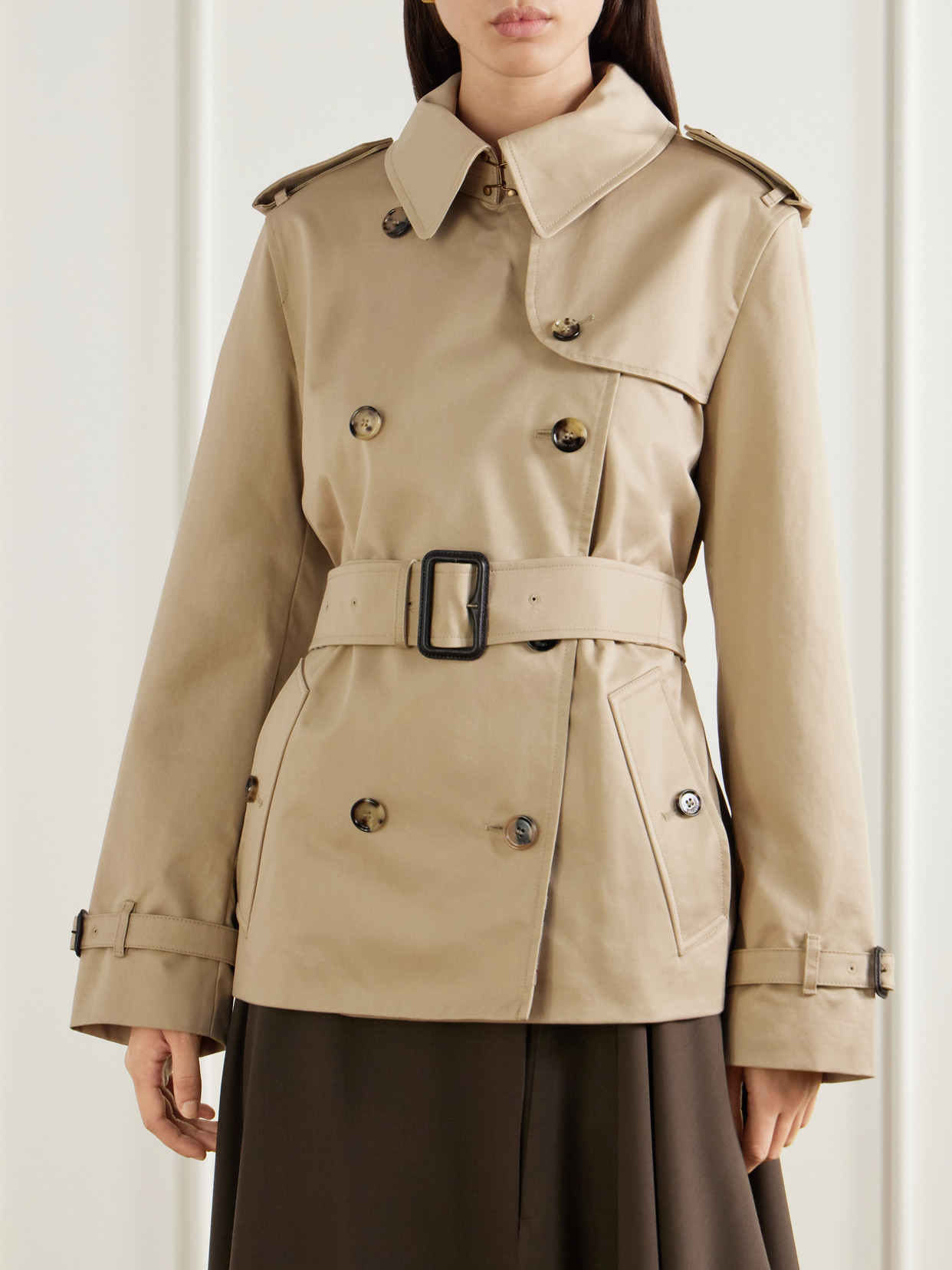 Double-Breasted Belted Checked Cotton-Gabardine Trench Coat