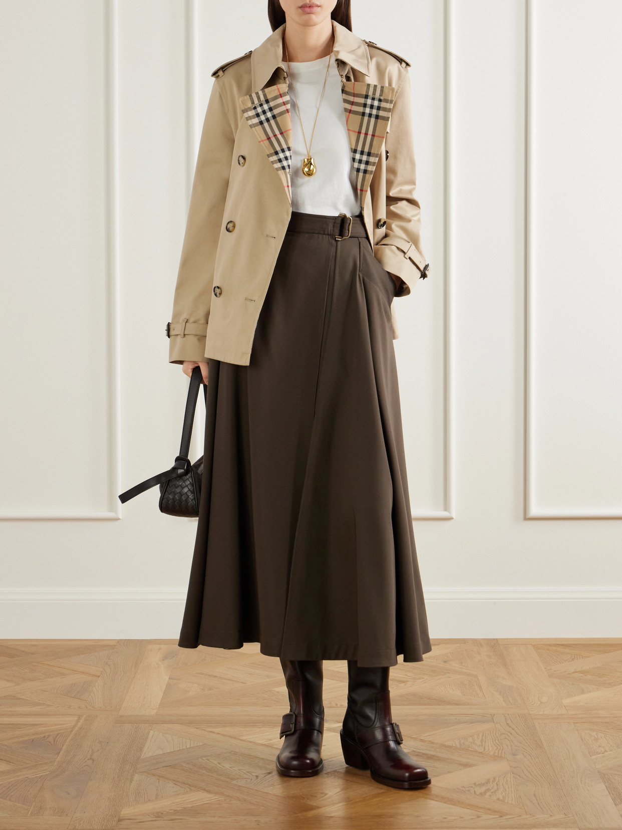 Double-Breasted Belted Checked Cotton-Gabardine Trench Coat