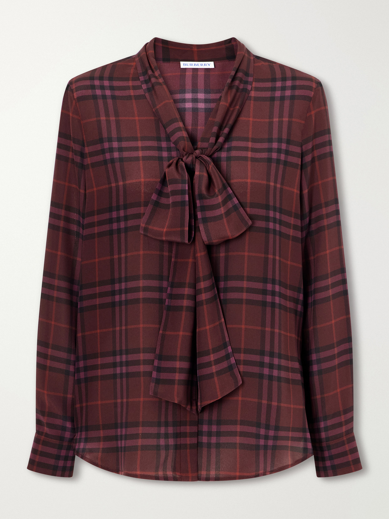 Burberry Rhiannon Pussy-bow Checked Silk-crepe Blouse In Burgundy