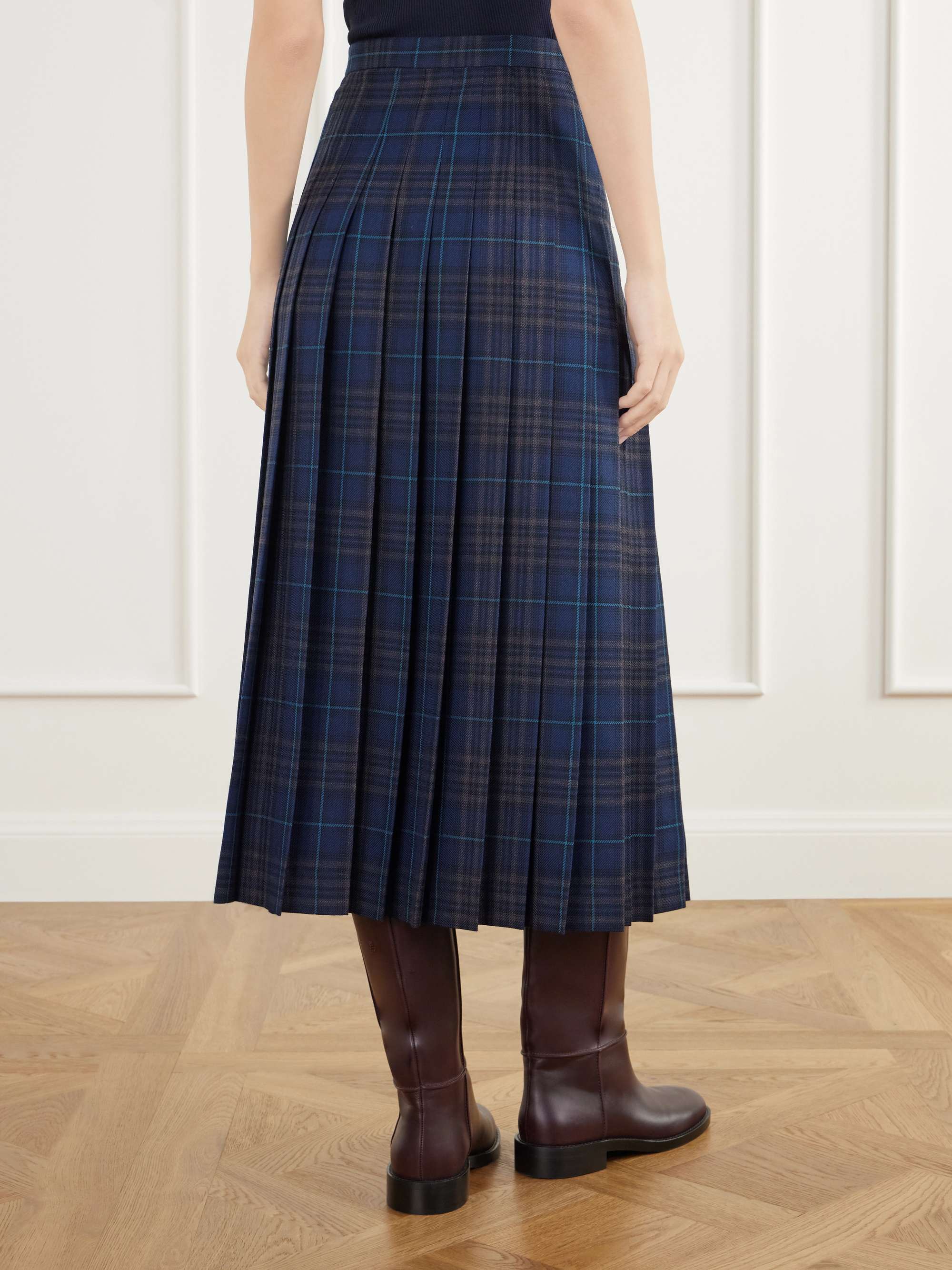 BURBERRY Elydia belted pleated checked wool-blend twill midi skirt