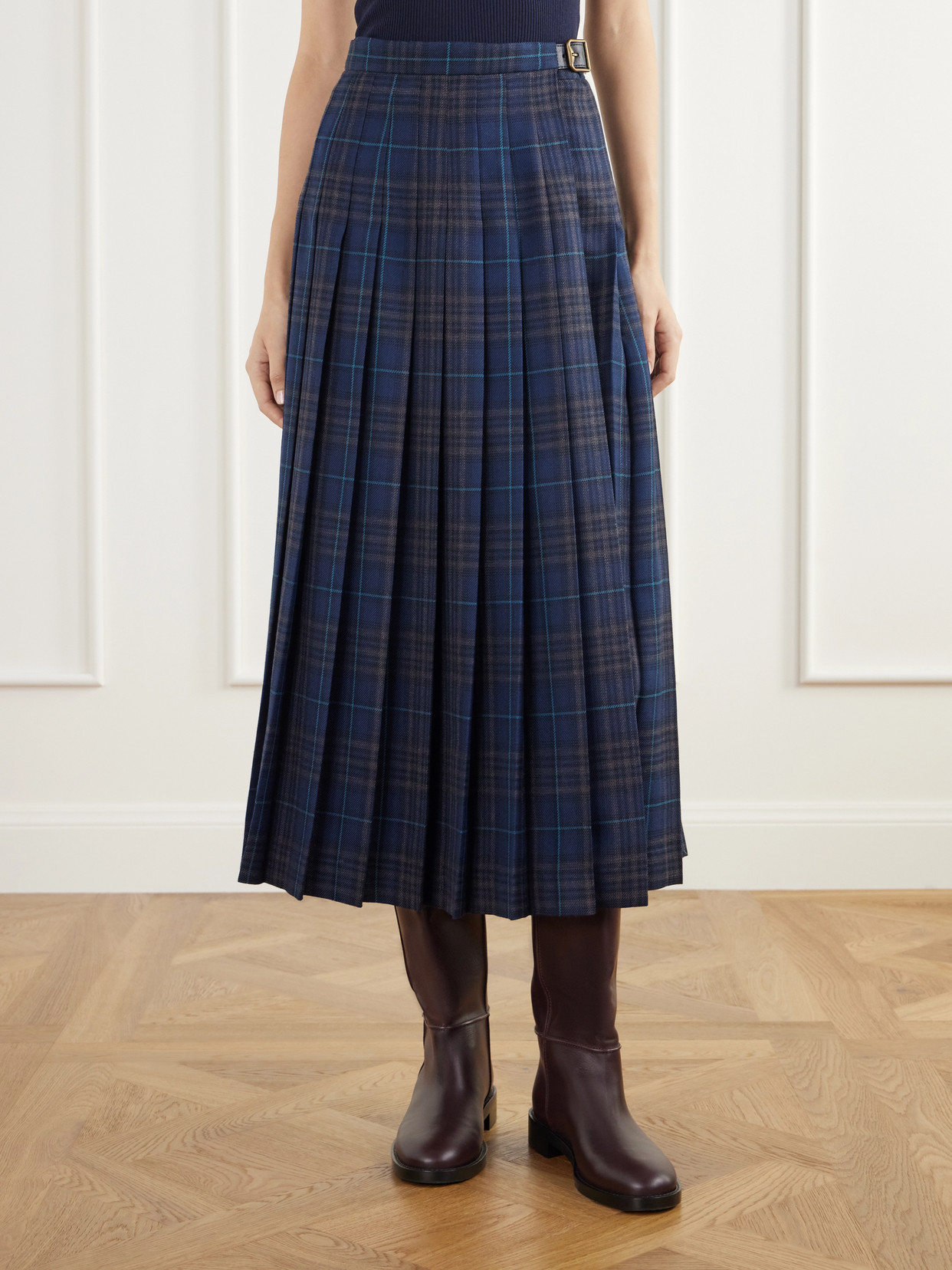 Elydia Belted Pleated Checked Wool-Blend Twill Midi