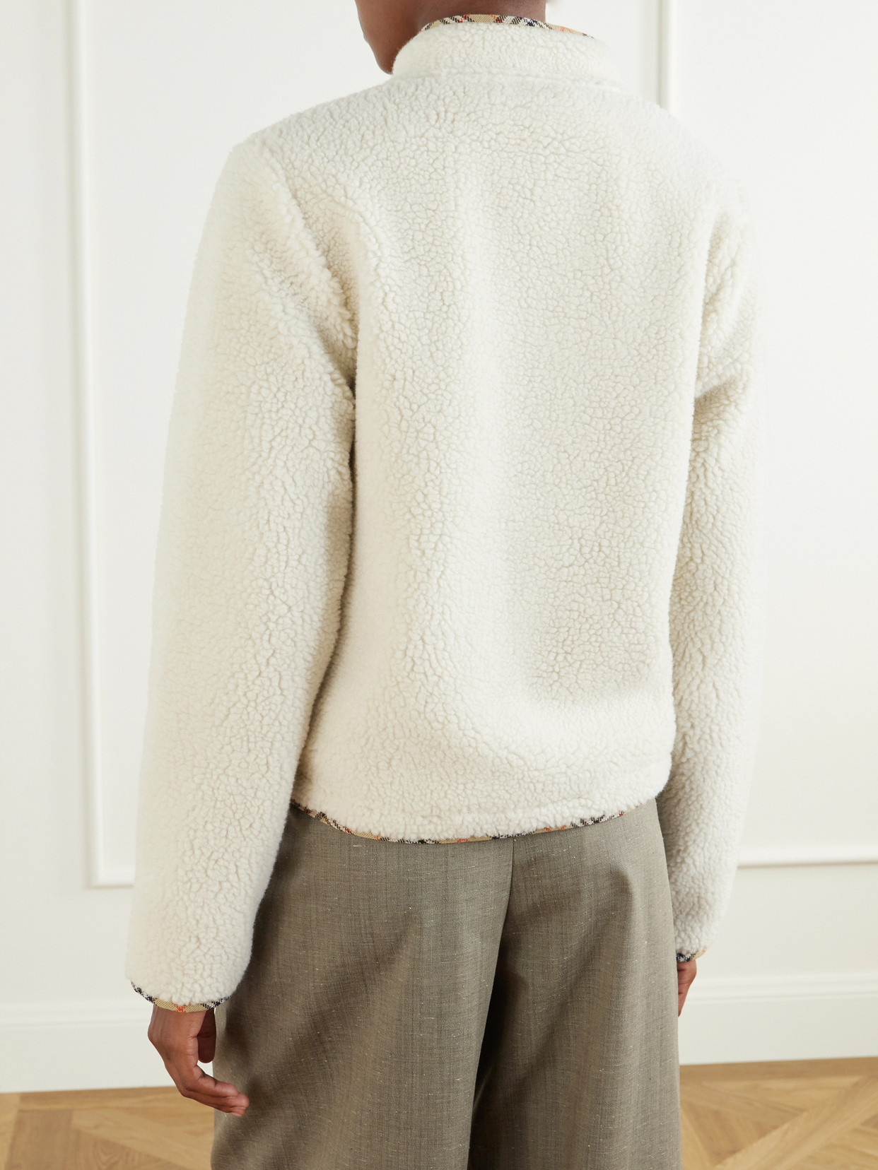 Check-Trimmed Wool-Blend Plush Jacket