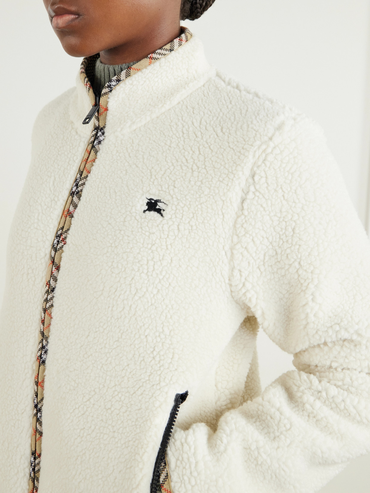 Check-Trimmed Wool-Blend Plush Jacket