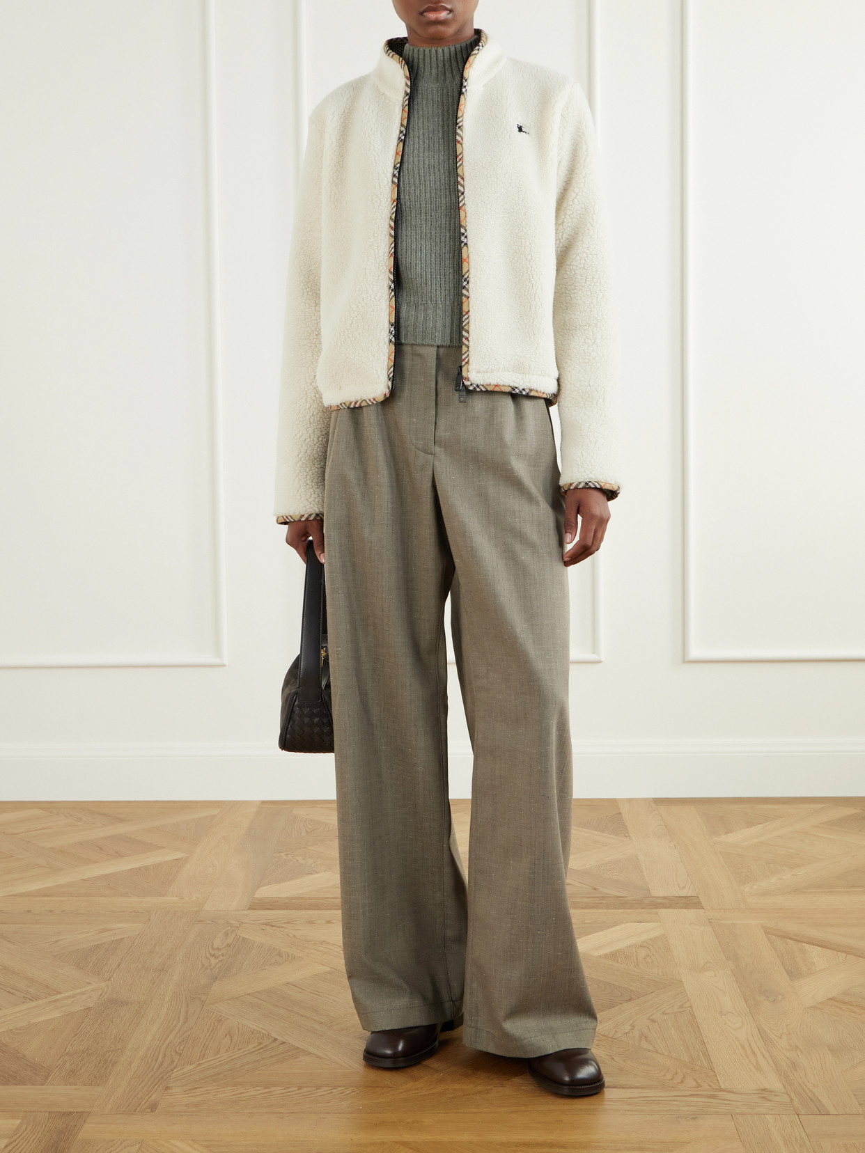 Check-Trimmed Wool-Blend Plush Jacket