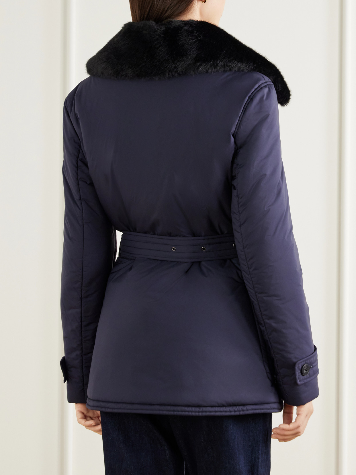 Double-Breasted Belted Padded Plush-Trimmed Jacket