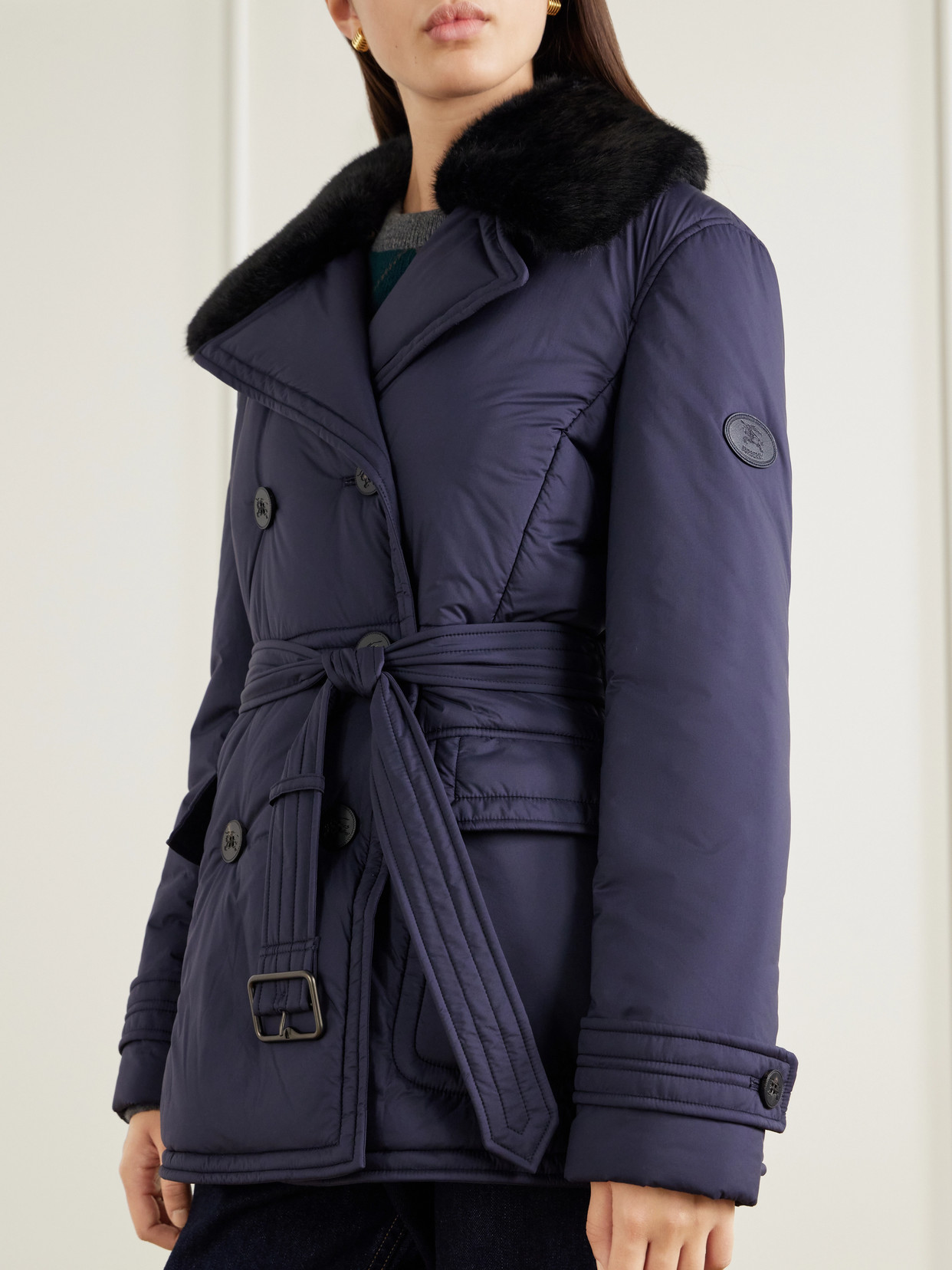 Double-Breasted Belted Padded Plush-Trimmed Jacket