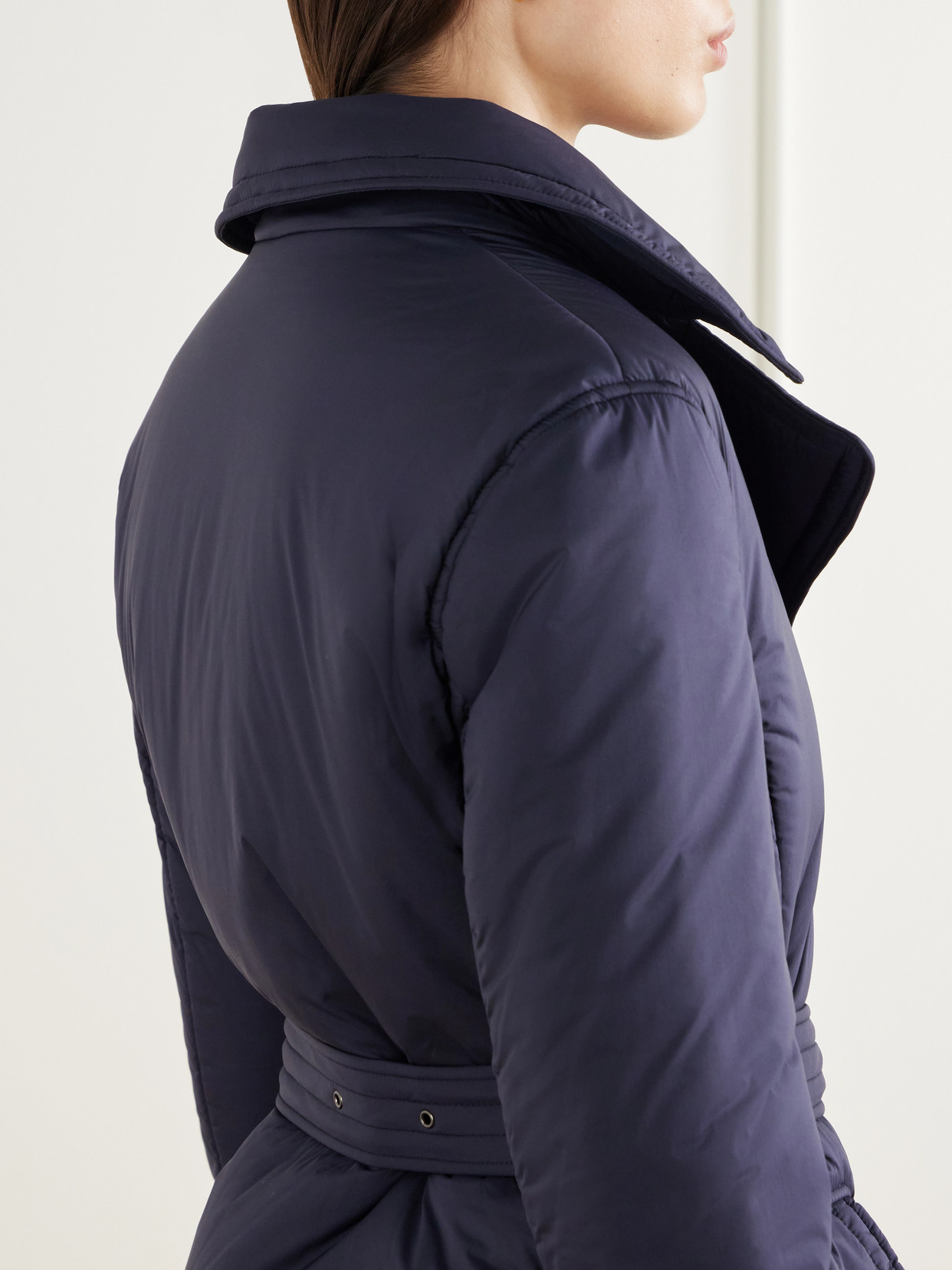 Double-Breasted Belted Padded Plush-Trimmed Jacket