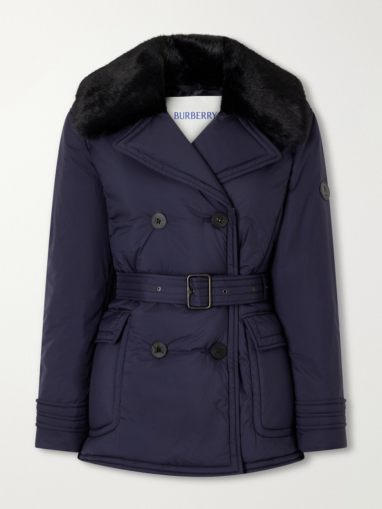 Double-Breasted Belted Padded Plush-Trimmed Jacket