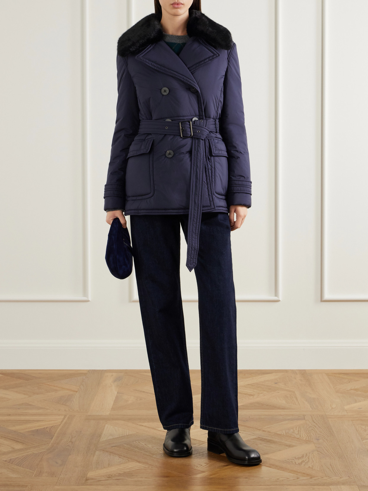 Double-Breasted Belted Padded Plush-Trimmed Jacket