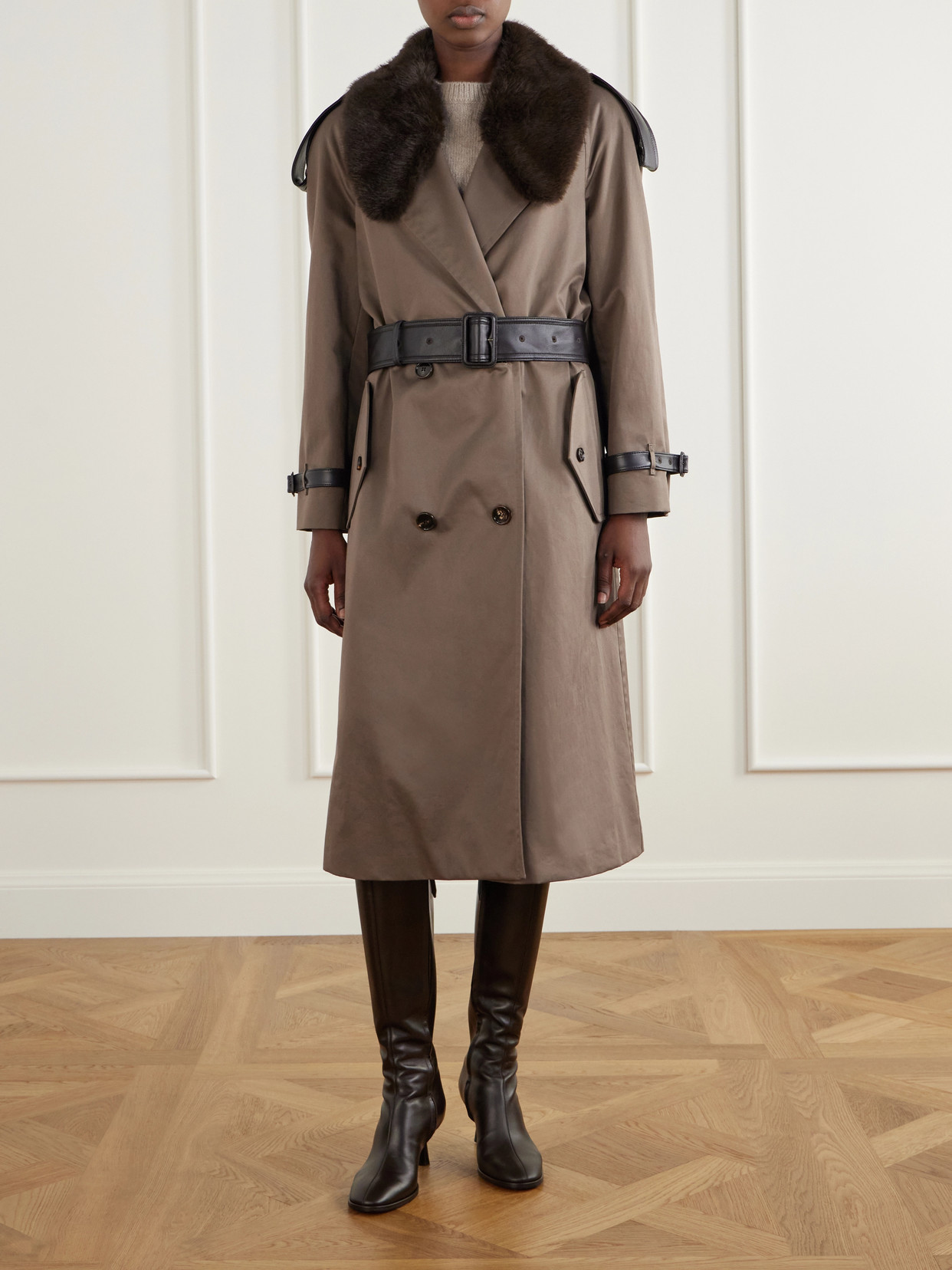 And Plush-Trimmed Cotton-Gabardine Trench Coat