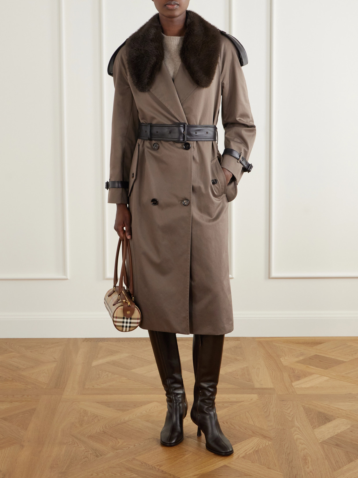 And Plush-Trimmed Cotton-Gabardine Trench Coat