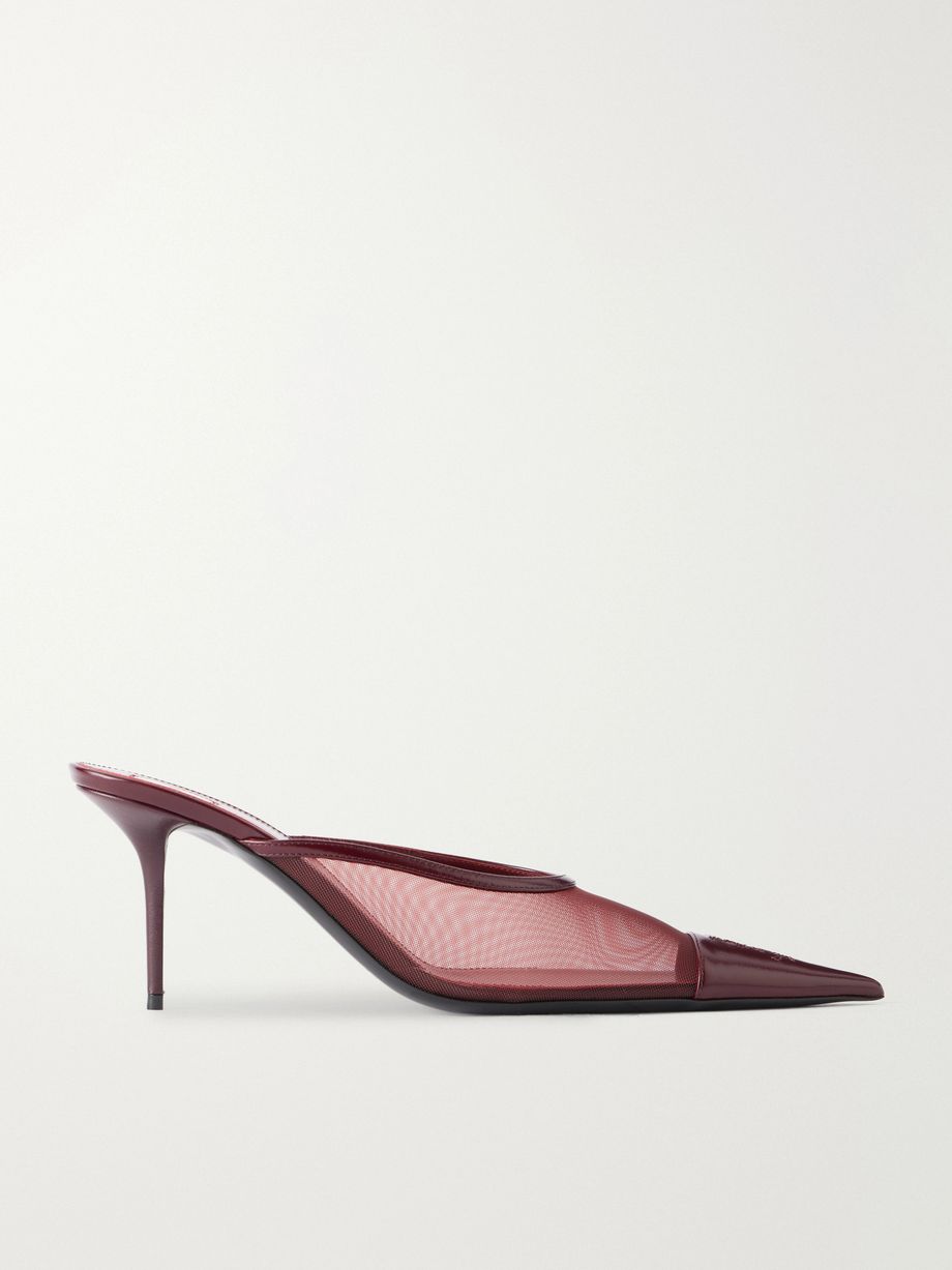 Renée Cassandre-embroidered patent leather-trimmed mesh mules