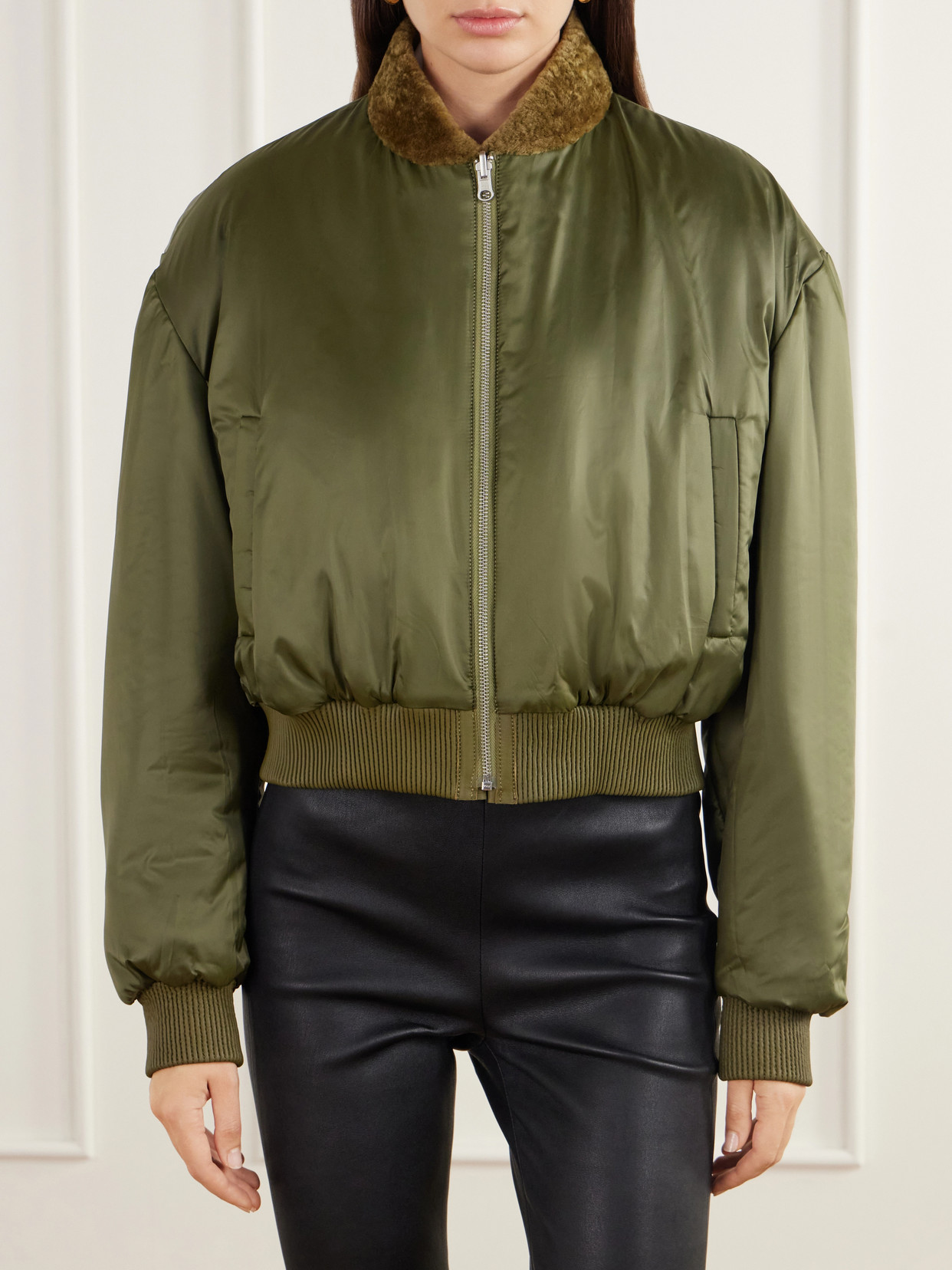 Azra Reversible Shearling And Satin Bomber Jacket