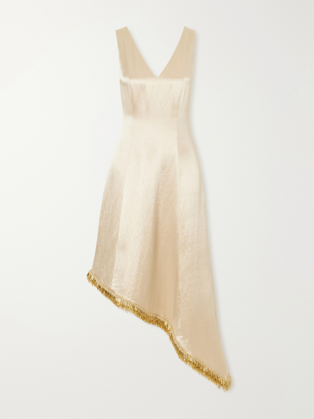 Abadia Lynn Asymmetric Bead-embellished Satin Midi Dress In Gold