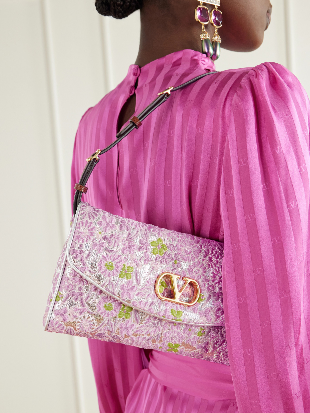 Garavani - Devain Leather-Trimmed Floral-Jacquard Shoulder Bag