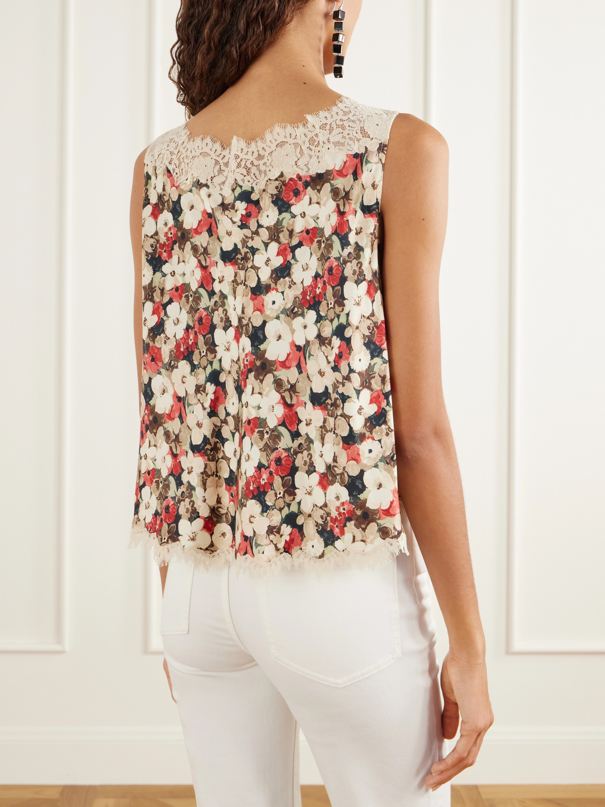 Dôen Valerina floral-print lace-trimmed silk-satin cami