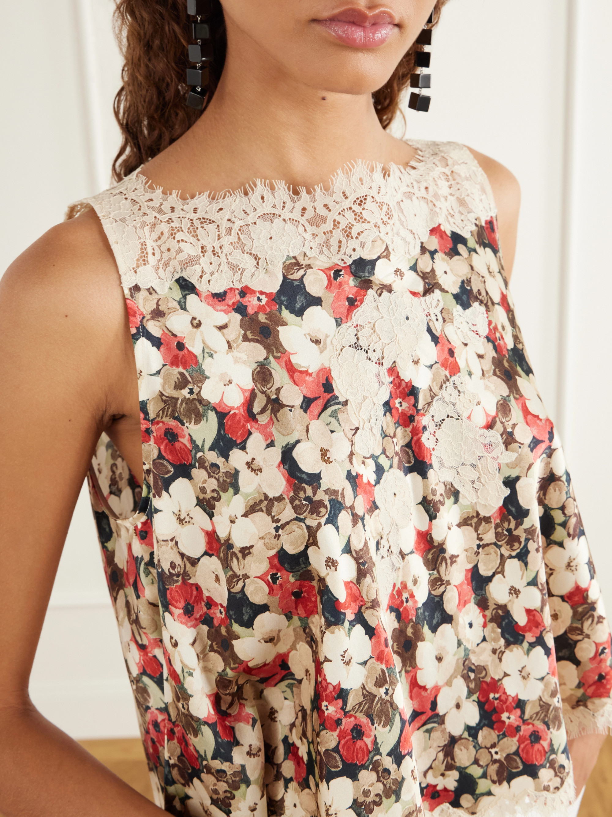 Dôen Valerina floral-print lace-trimmed silk-satin cami