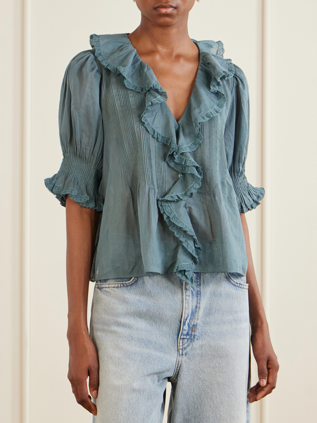Dôen - Henri Ruffled Pintucked Lace-Trimmed Organic Cotton-Voile Blouse