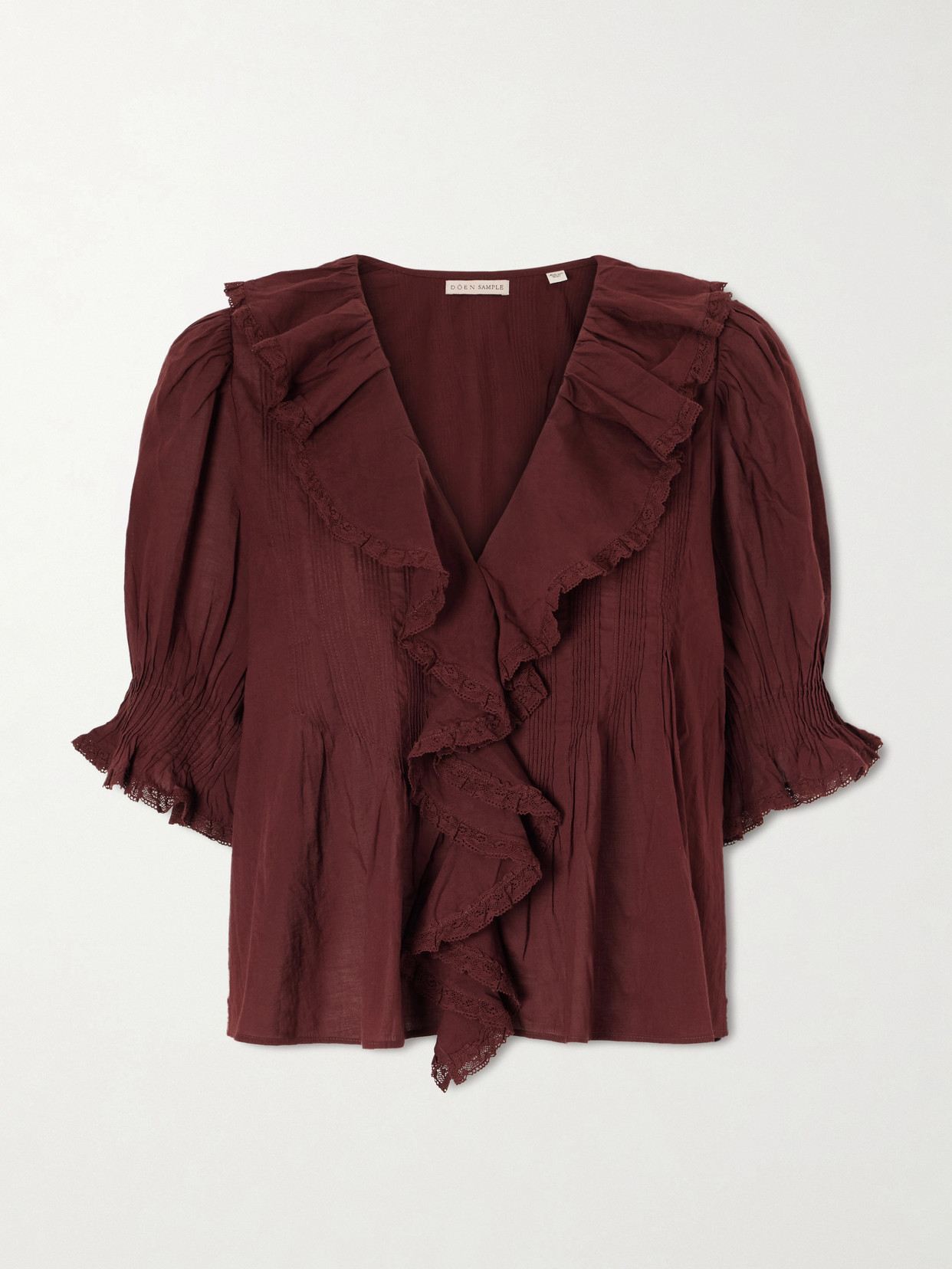 Doen Henri Shirred Lace-trimmed Organic Cotton Blouse In Burgundy