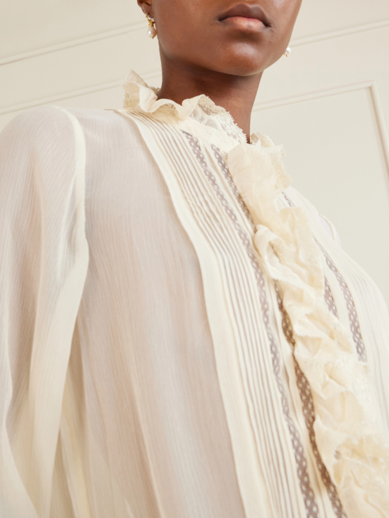 Dôen - Magdeleine Ruffled Lace-Trimmed Silk-Chiffon Blouse