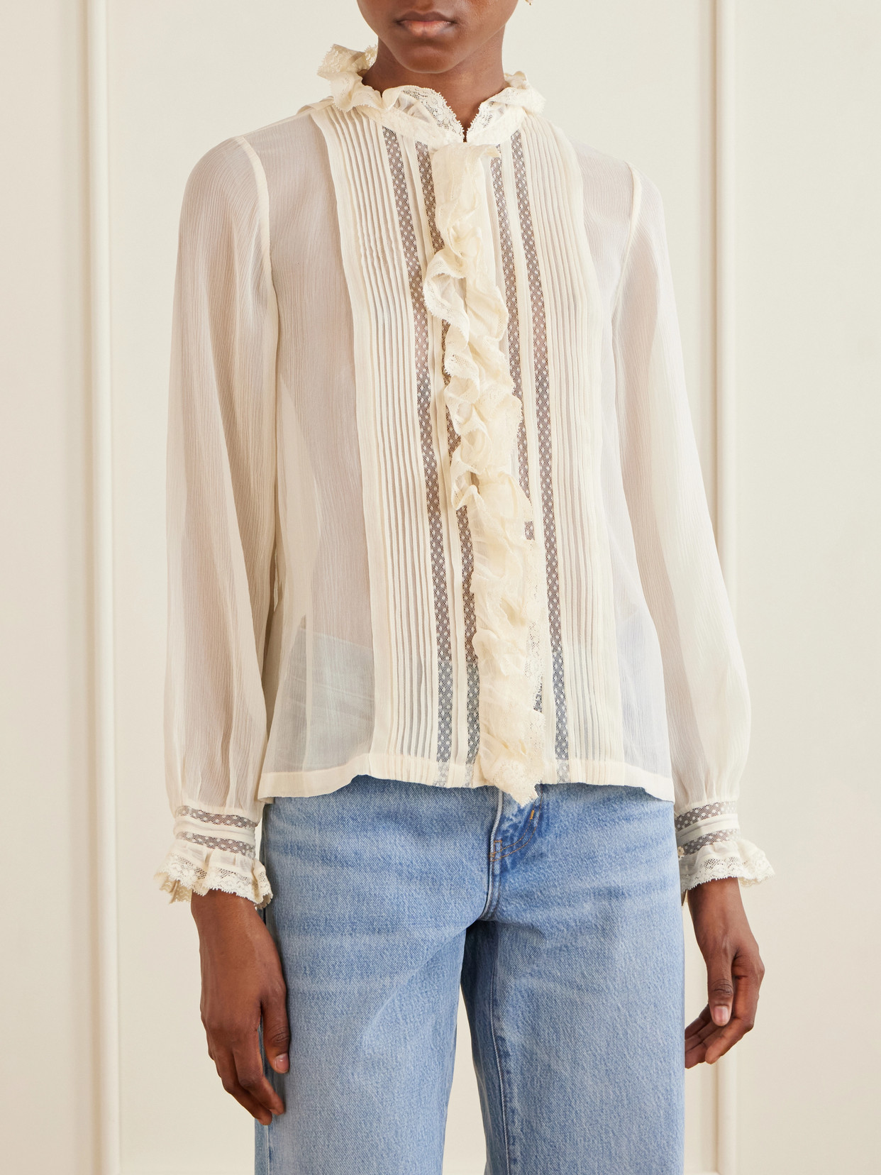Dôen - Magdeleine Ruffled Lace-Trimmed Silk-Chiffon Blouse