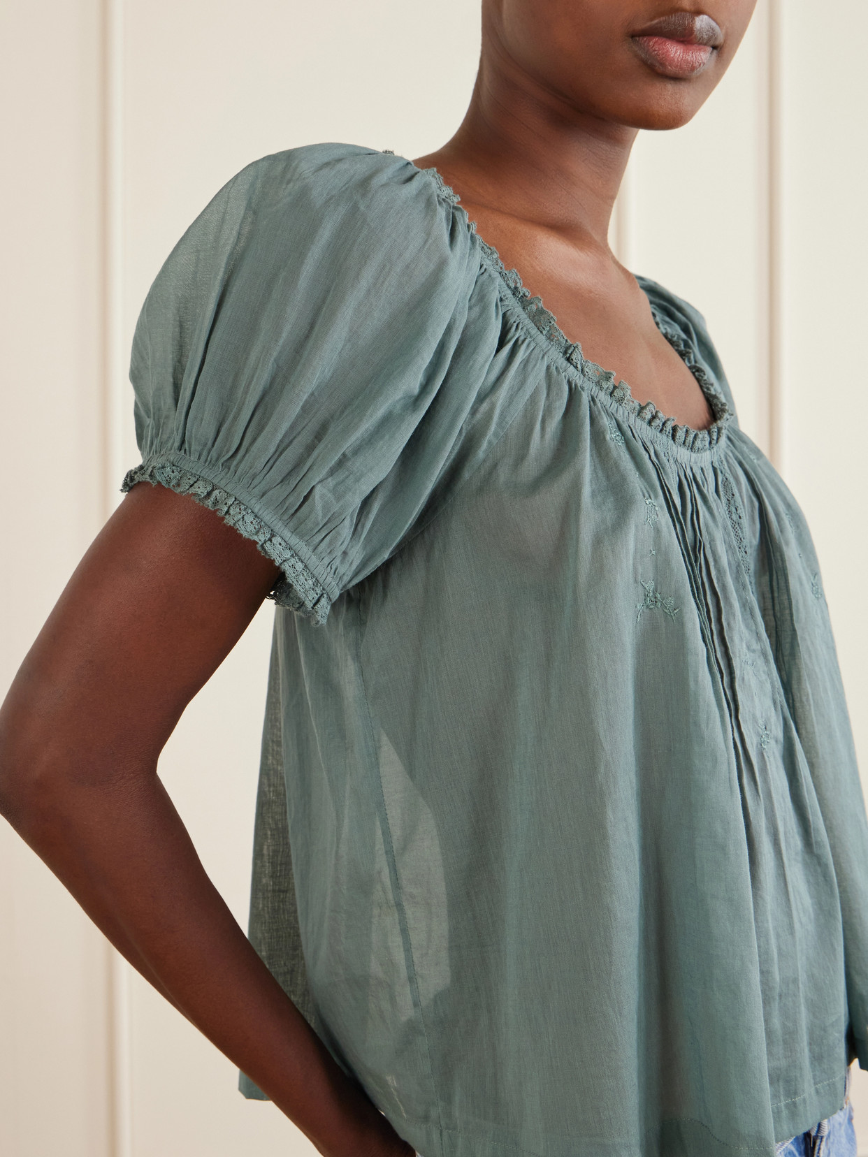 Dôen - Frederica Pintucked Lace-Trimmed Organic Cotton-Voile Blouse