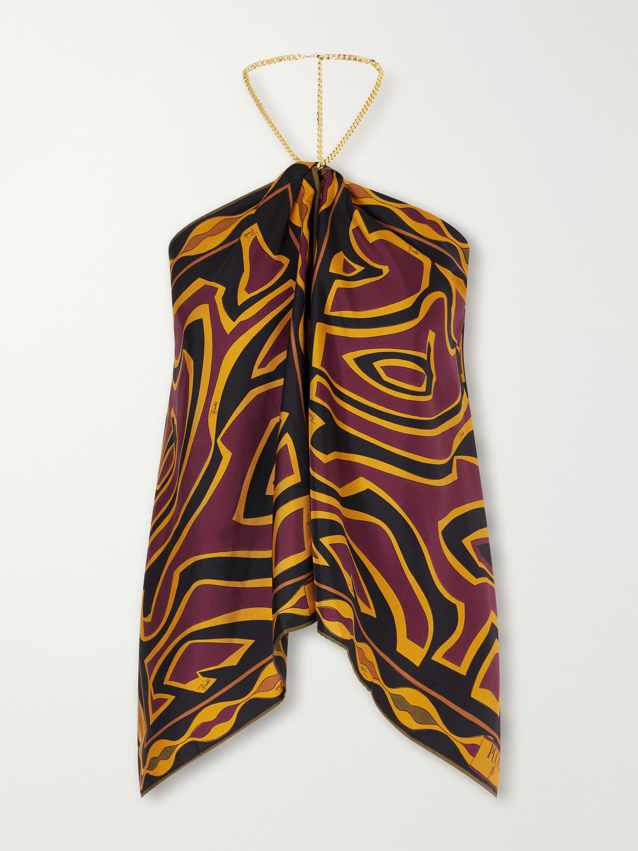 Pucci - Chain-Embellished Draped Printed Silk-Twill Halterneck Top