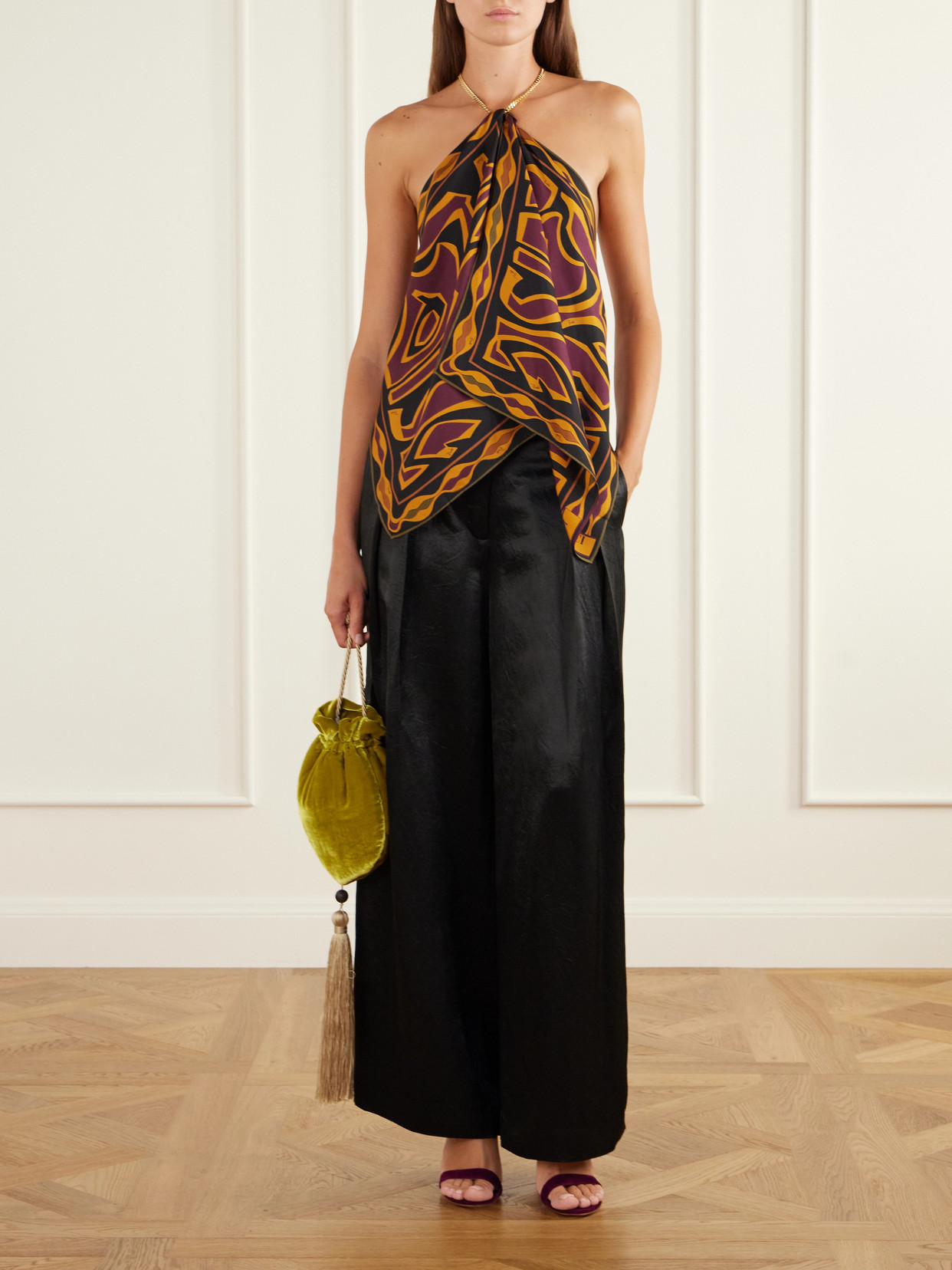 Pucci - Chain-Embellished Draped Printed Silk-Twill Halterneck Top