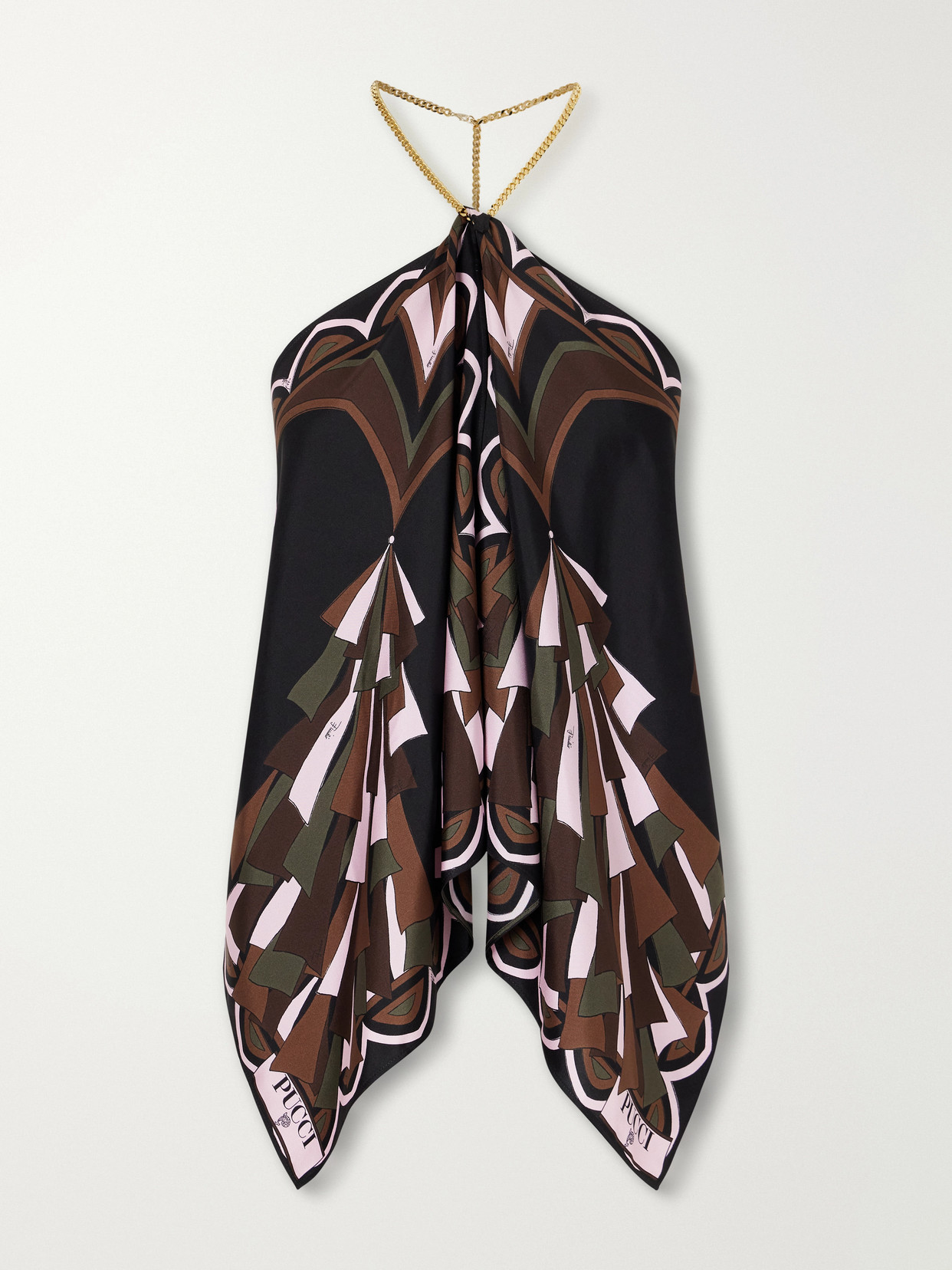 Pucci - Chain-Embellished Draped Printed Silk-Twill Halterneck Top