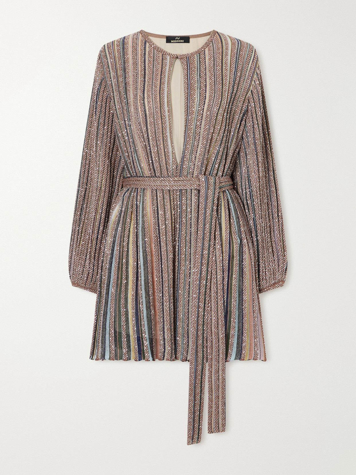 Missoni Belted Sequin-embellished Metallic Crochet-knit Mini Dress In Pink