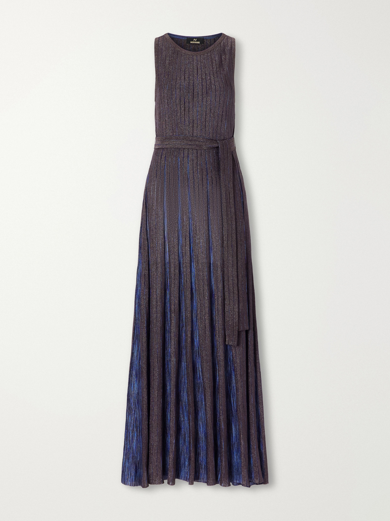Missoni Belted Pleated Striped Metallic Crochet-knit Maxi Dress In Multi