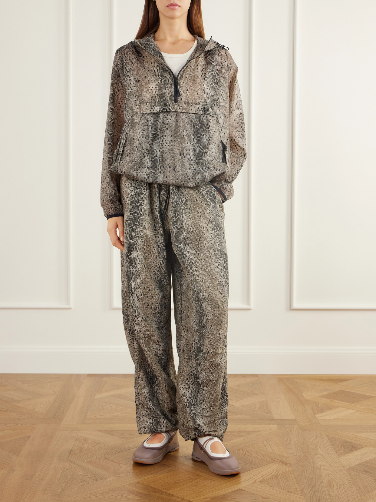 + Zendaya Hooded Snake-Print Shell Half-Zip Jacket