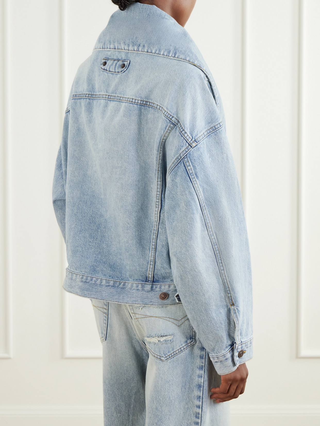 Oversized-Collar Cropped Denim Jacket