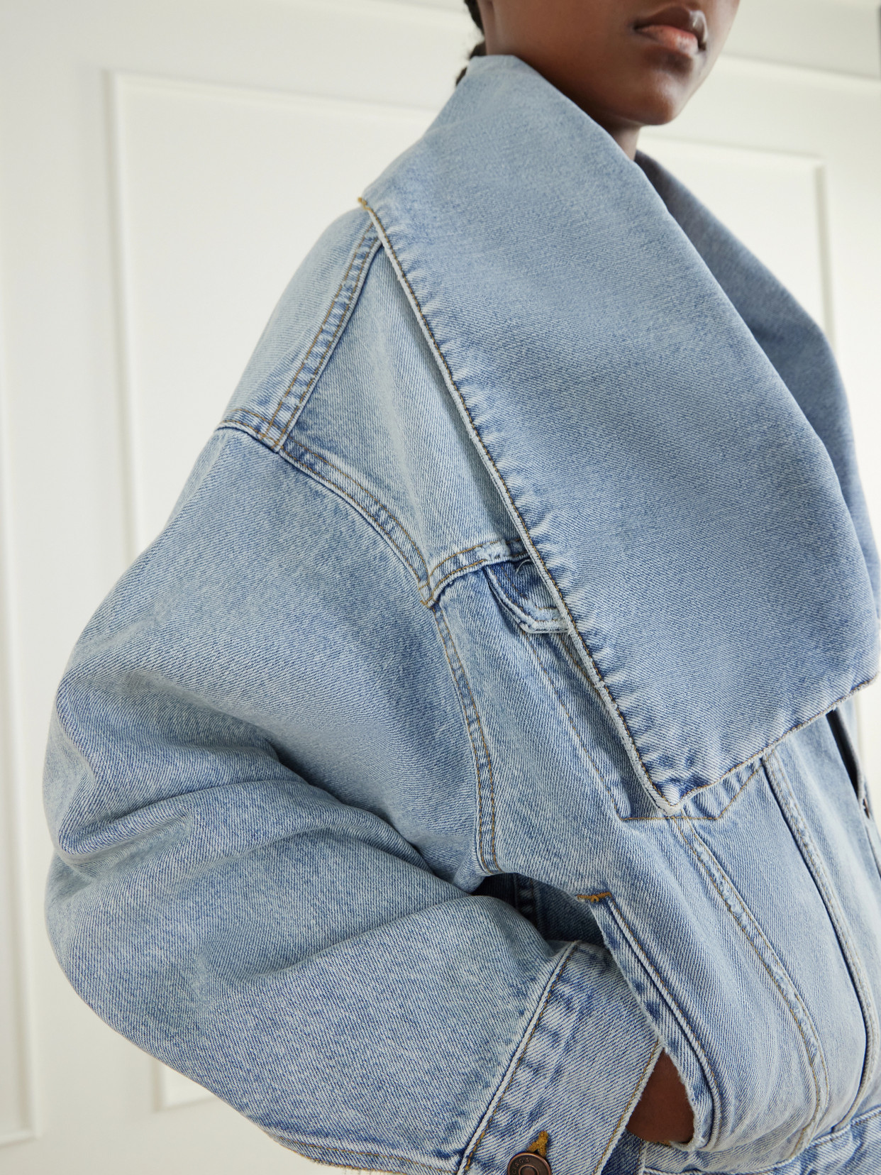 Oversized-Collar Cropped Denim Jacket
