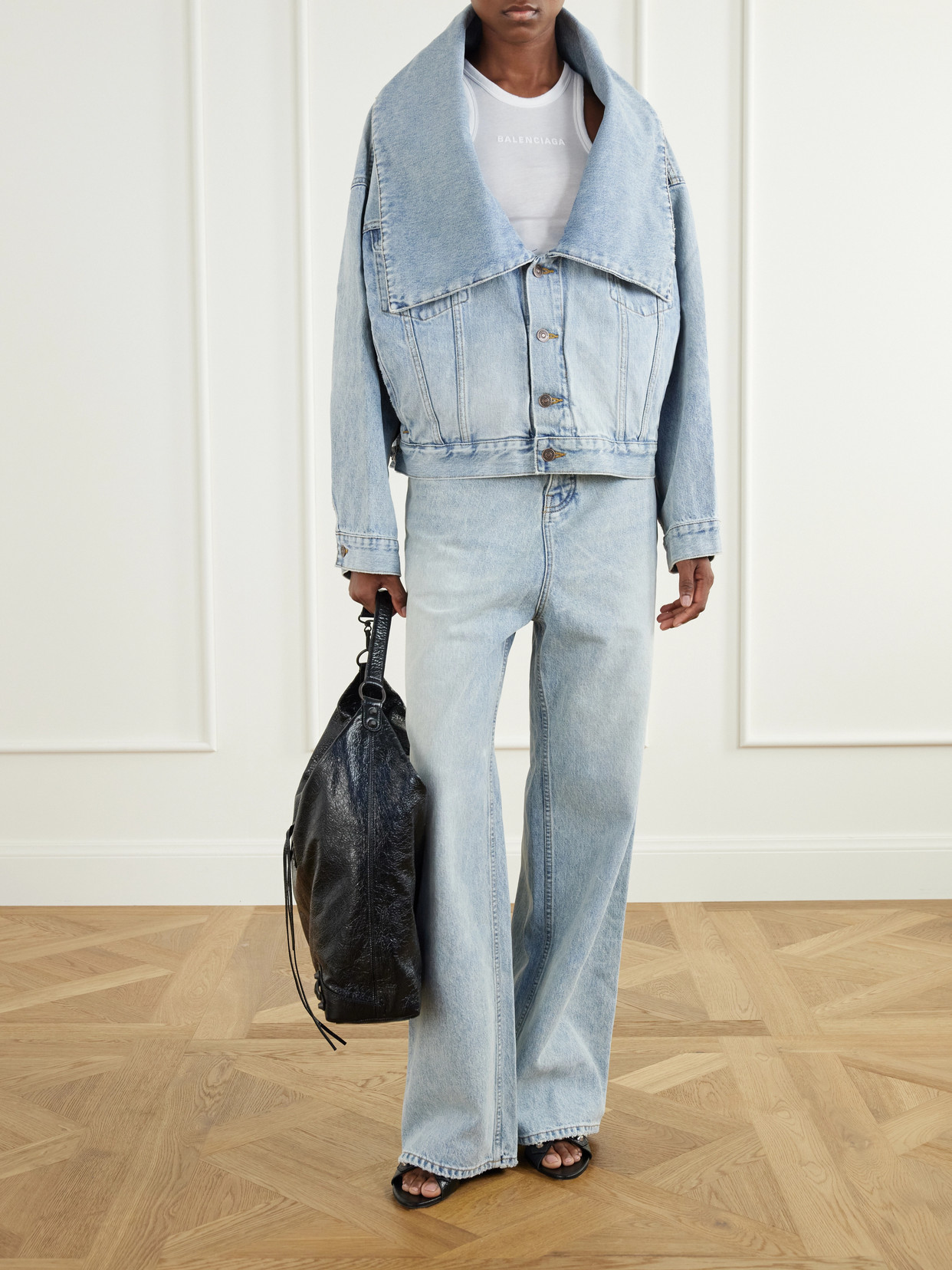 Oversized-Collar Cropped Denim Jacket