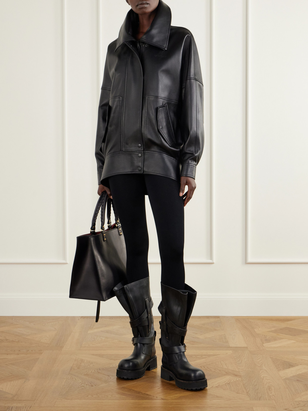 Oversized Paneled Leather Biker Jacket