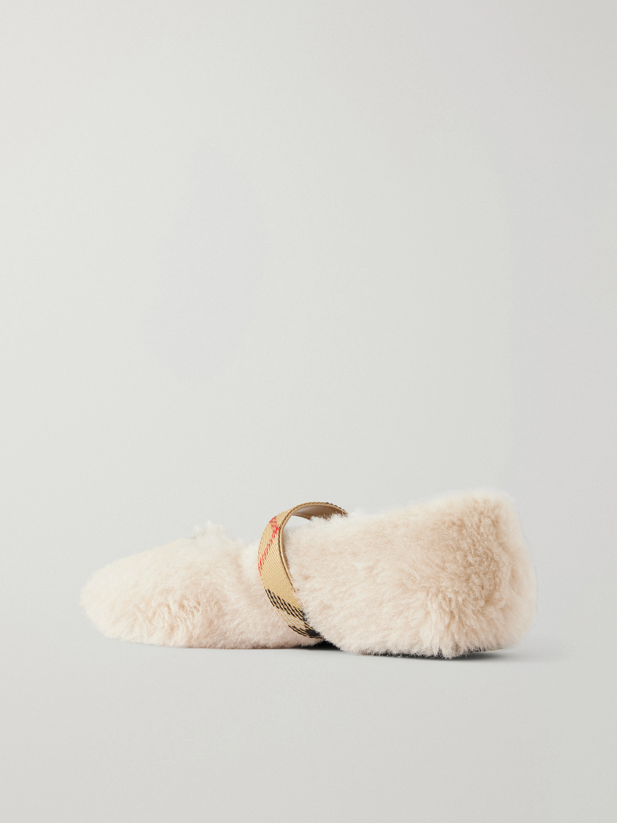 Buckle-Detailed Check-Trimmed Shearling Ballet Flats