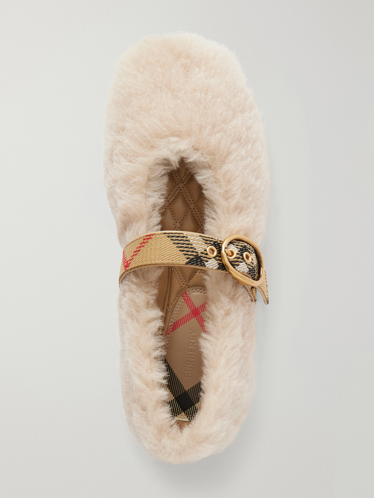Buckle-Detailed Check-Trimmed Shearling Ballet Flats