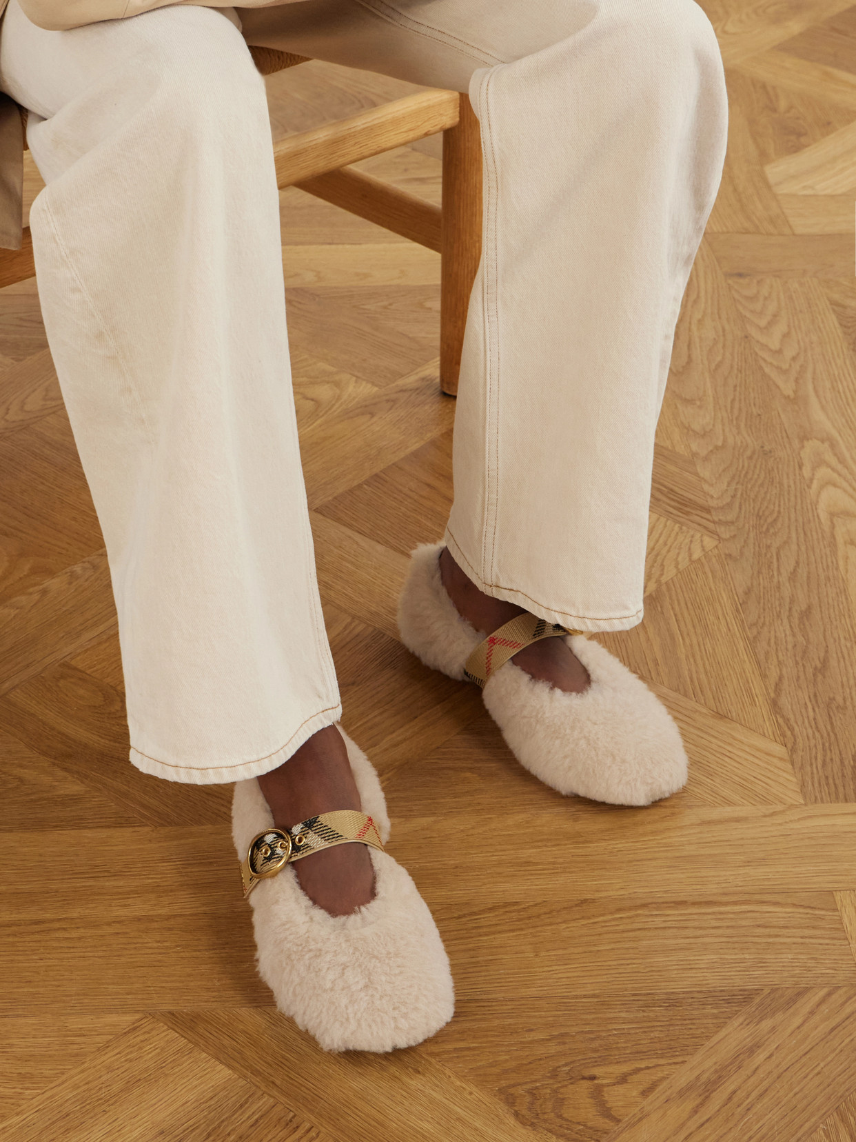 Buckle-Detailed Check-Trimmed Shearling Ballet Flats
