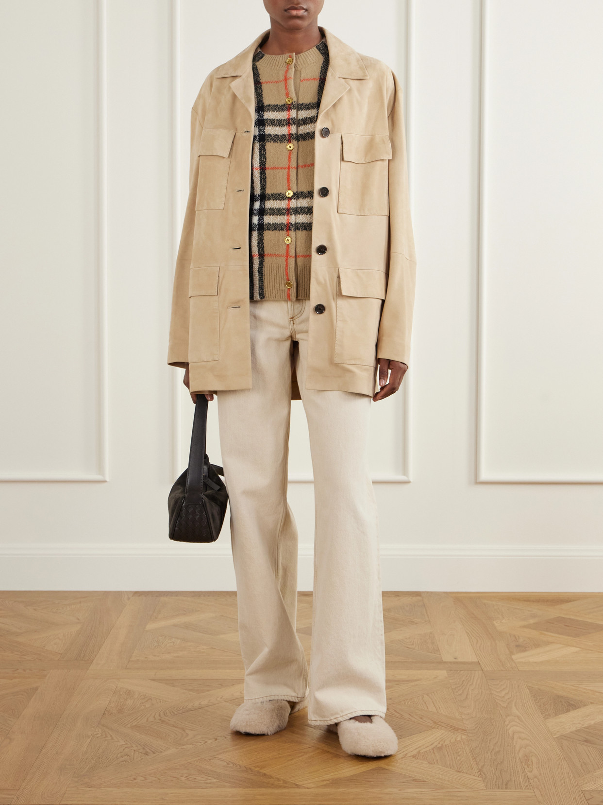 Buckle-Detailed Check-Trimmed Shearling Ballet Flats